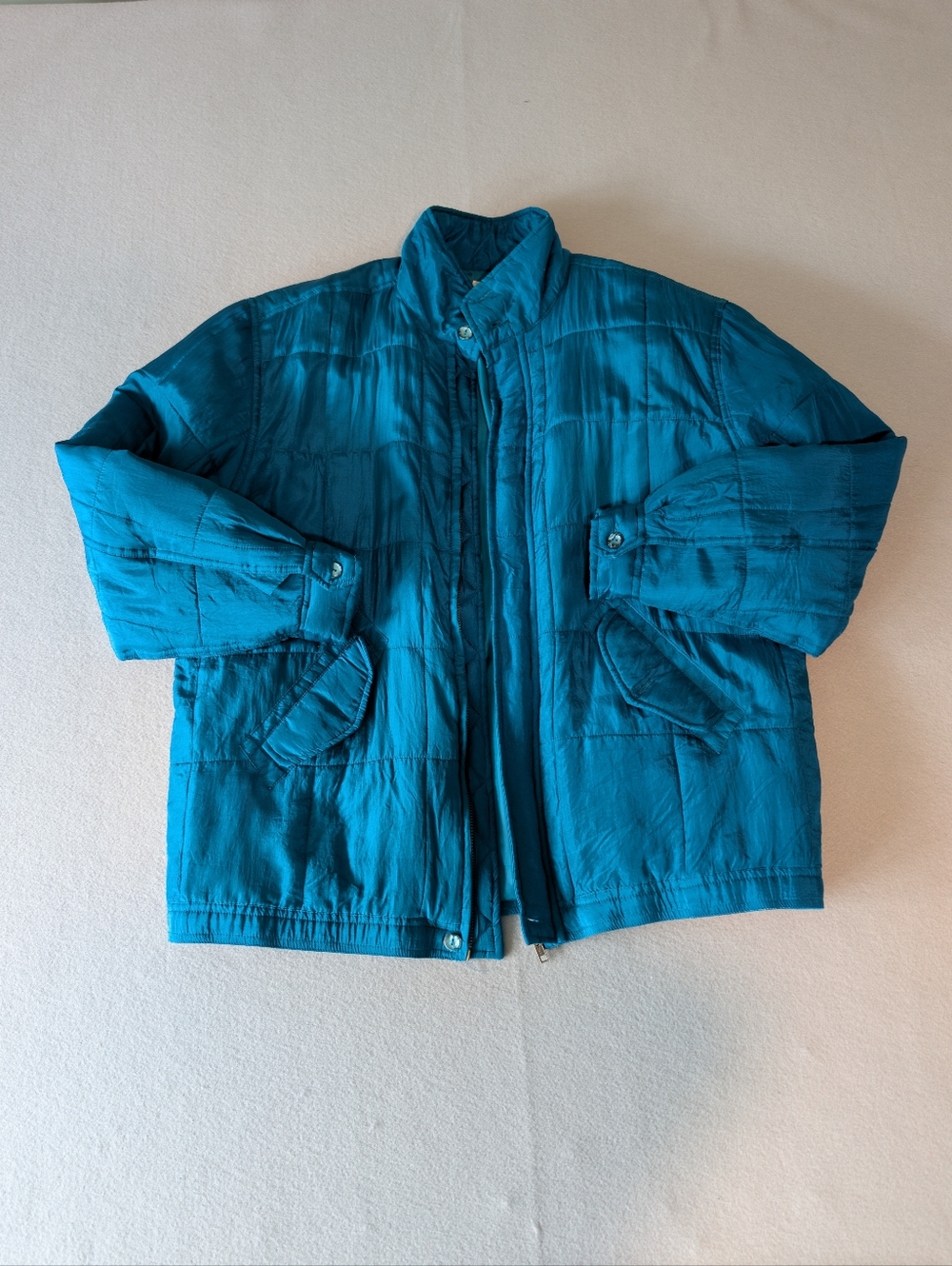 Vintage 90s Clio 100% Silk Quilted Puffer Turquoise Teal Sz M Statement Jacket image 5